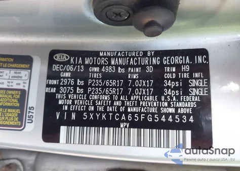 2015 Kia Sorento Lx z USA, uszkodzony, nr VIN 5XYKTCA65FG544534